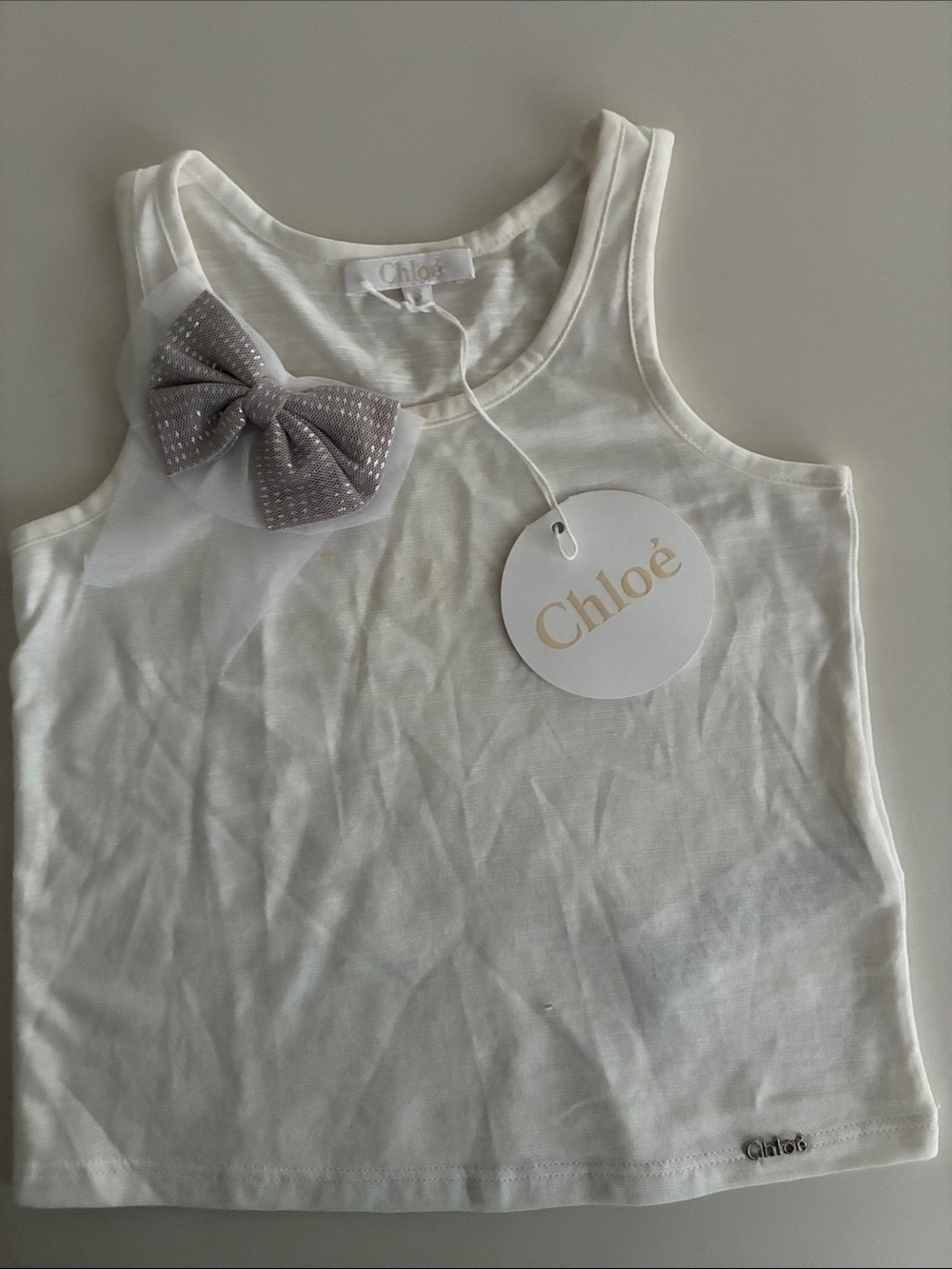 Chloé off-white Girls' Tank Top with Gray Bow; NWT